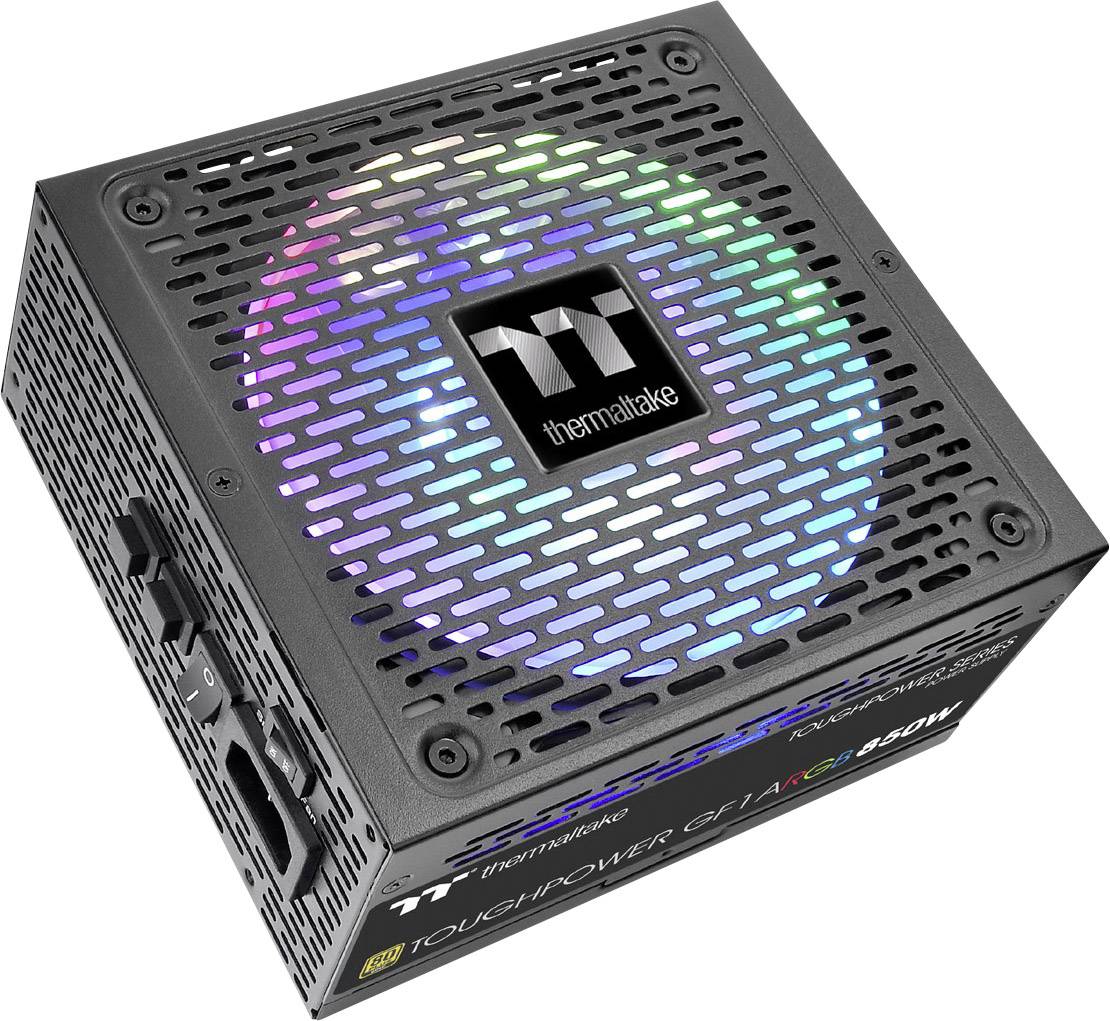 Schwarzes Netzteil mit RGB-beleuchtetem Lüfter, Marke Thermaltake