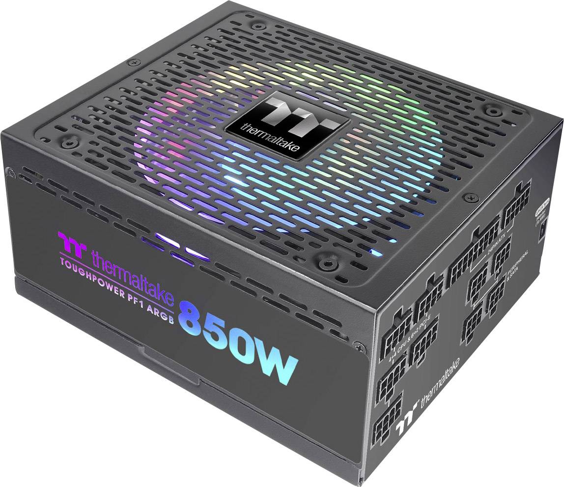 Schwarzes Computernetzteil von Thermaltake mit RGB-Beleuchtung und der Aufschrift '850W'.