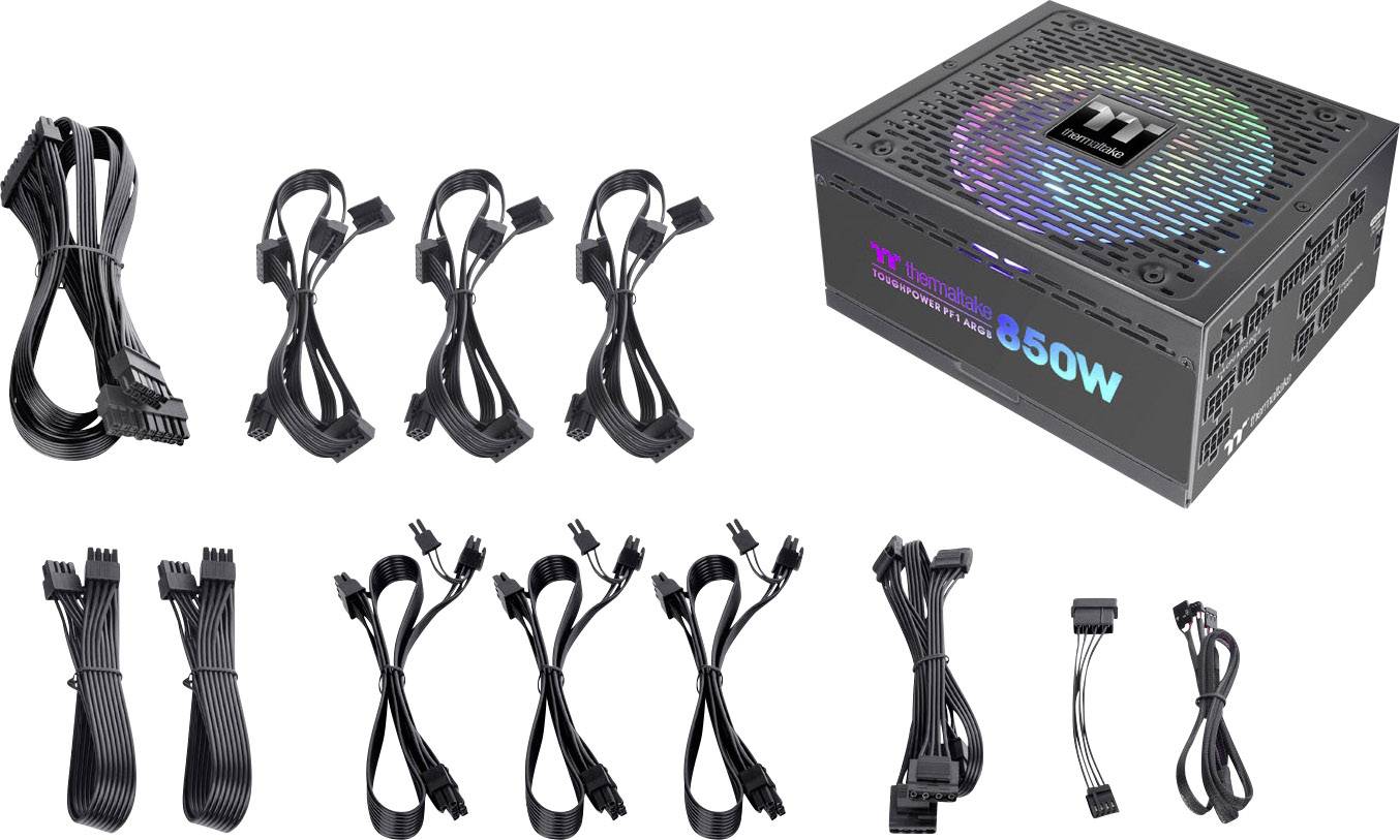 PC-Netzteil mit RGB-Beleuchtung; Modell mit '650W'. Verschiedene Kabelstränge für den Anschluss an Komponenten sind abgebildet.