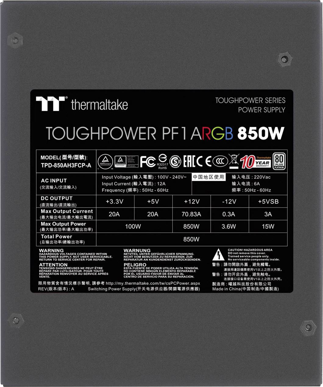 Netzteil von Thermaltake, Toughpower PF1 ARGB, 850W. Wechselspannung 100-240V, Gleichstromausgänge: +3.3V, +5V, +12V, -12V, +5VSB.