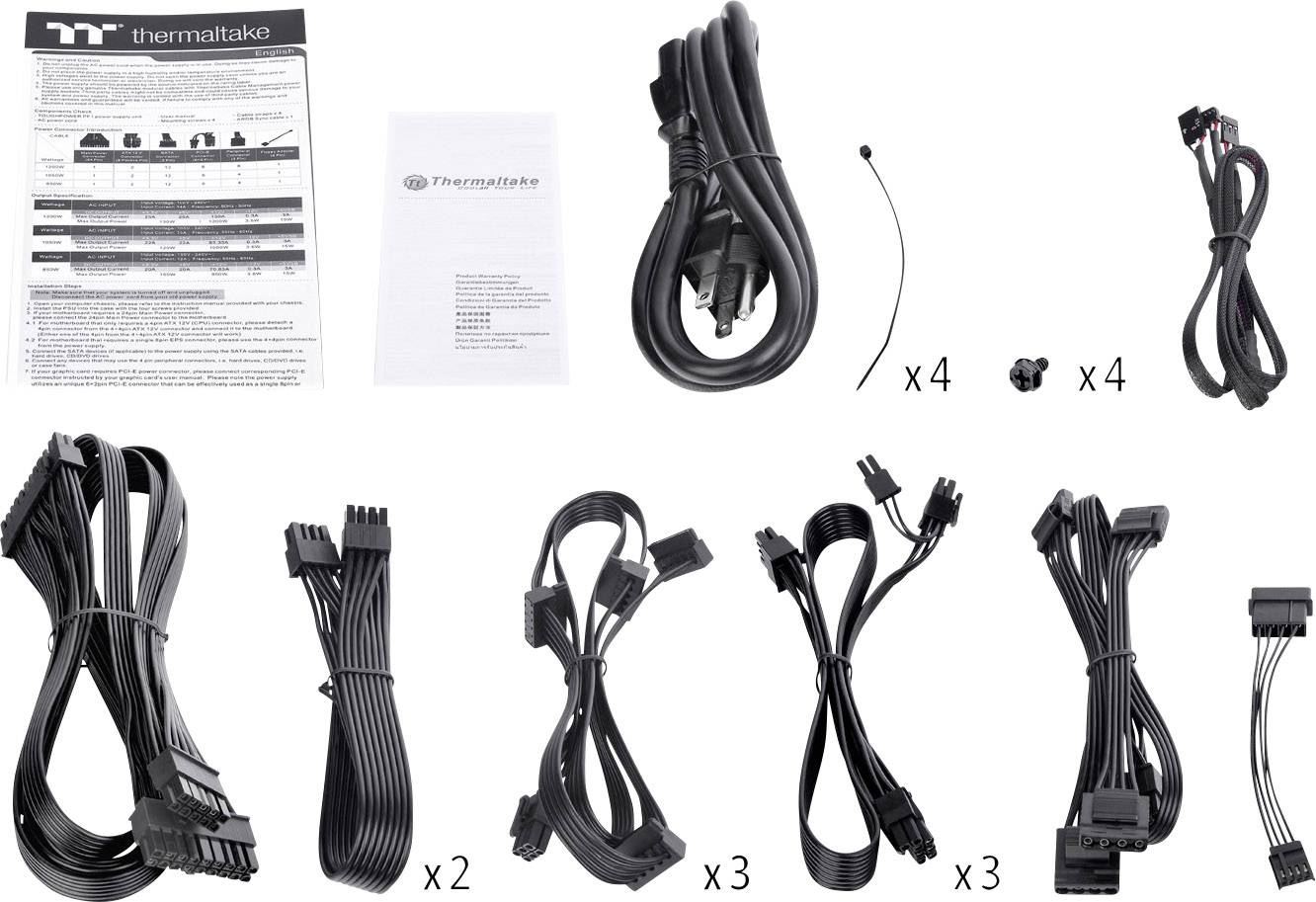 Netzteilkabelset mit verschiedenen Kabeln und Steckern. Enthält eine Anleitung sowie Kabelbinder und Schrauben. Marke Thermaltake.