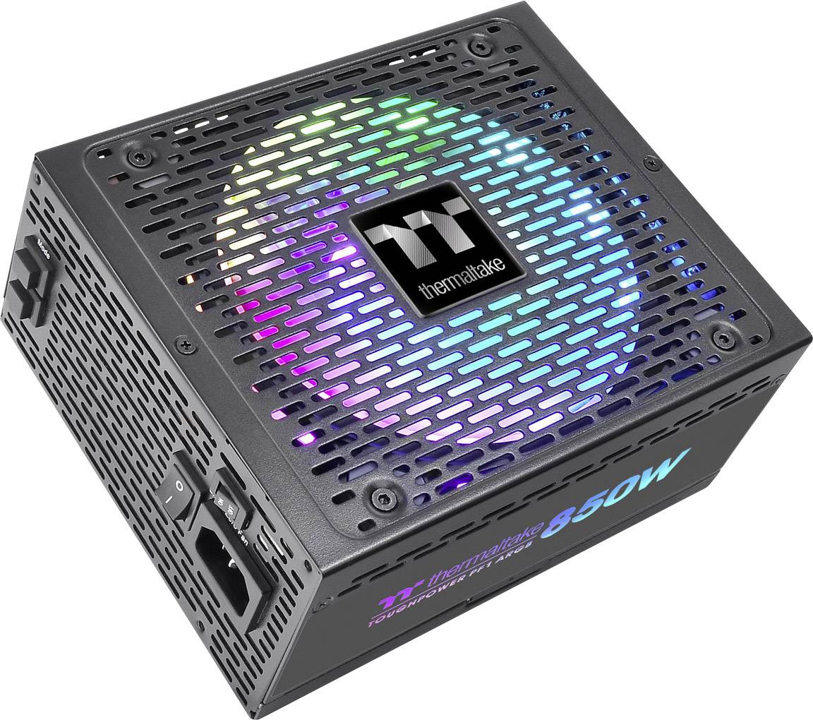 Ein Computernetzteil mit beleuchtetem Lüfter, schwarzem Gehäuse und Beschriftung 'Thermaltake 850W' auf der Seite.