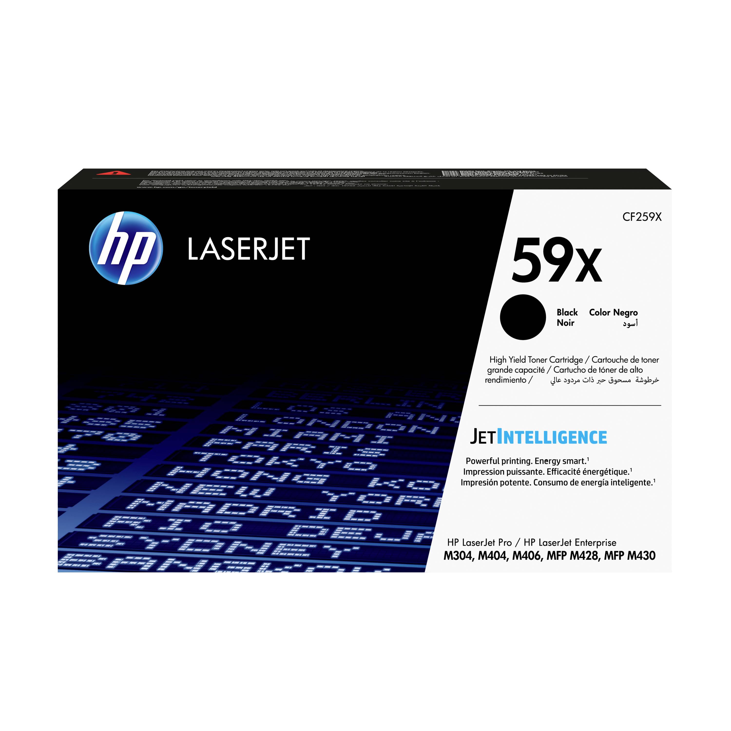 HP LaserJet 59x Tonerkartusche schwarz mit hoher Reichweite für LaserJet Pro/Enterprise Drucker, gekennzeichnet mit CF259X und JetIntelligence.