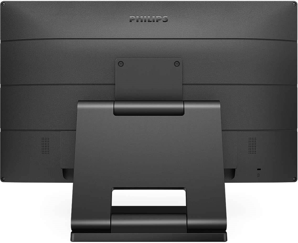 Rückseite eines Philips-Computermonitors in schwarzem Gehäuse mit Ständer. Modell und weitere Details sind nicht sichtbar.