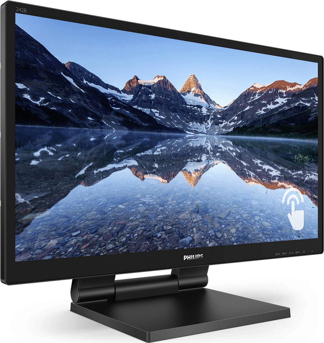 Ein Monitor mit einem Bild einer Berglandschaft mit See im Vordergrund, klarer Himmel im Hintergrund; der Monitor ist von Philips.