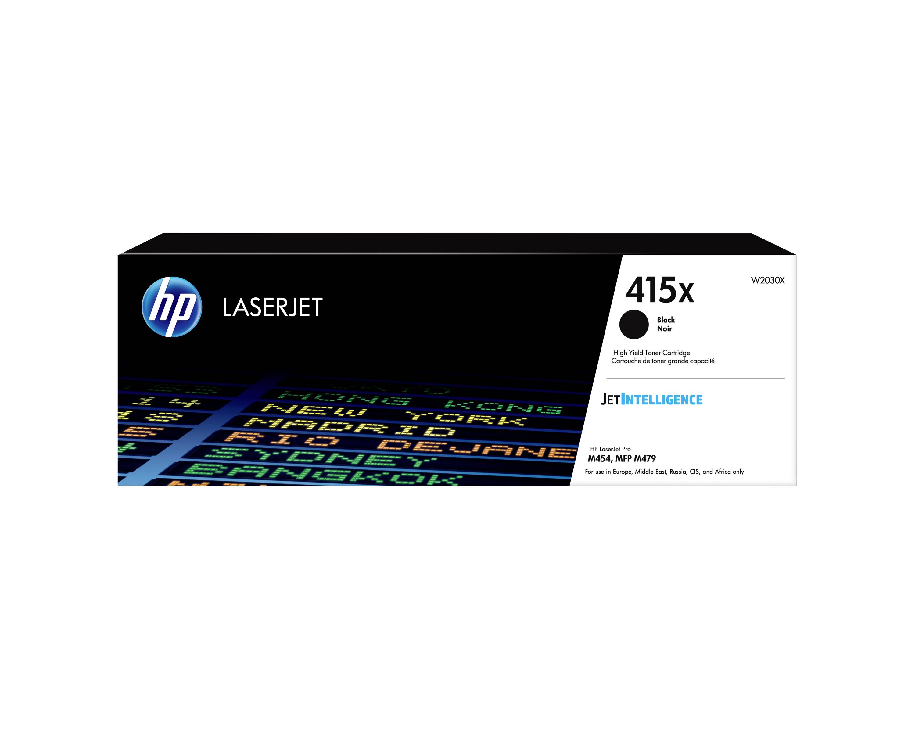 Verpackungsbox der HP LaserJet 415X schwarzen Tonerkartusche, Vorderansicht mit HP-Logo und Produktetikett.