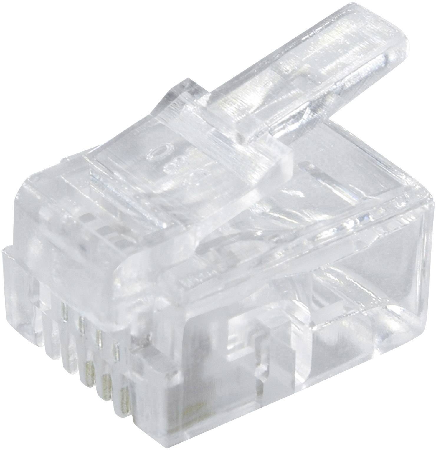 Ein transparenter RJ45-Stecker, häufig verwendet für Netzwerkkabel, mit erkennbaren Metallkontakten und Kunststoffklemme.