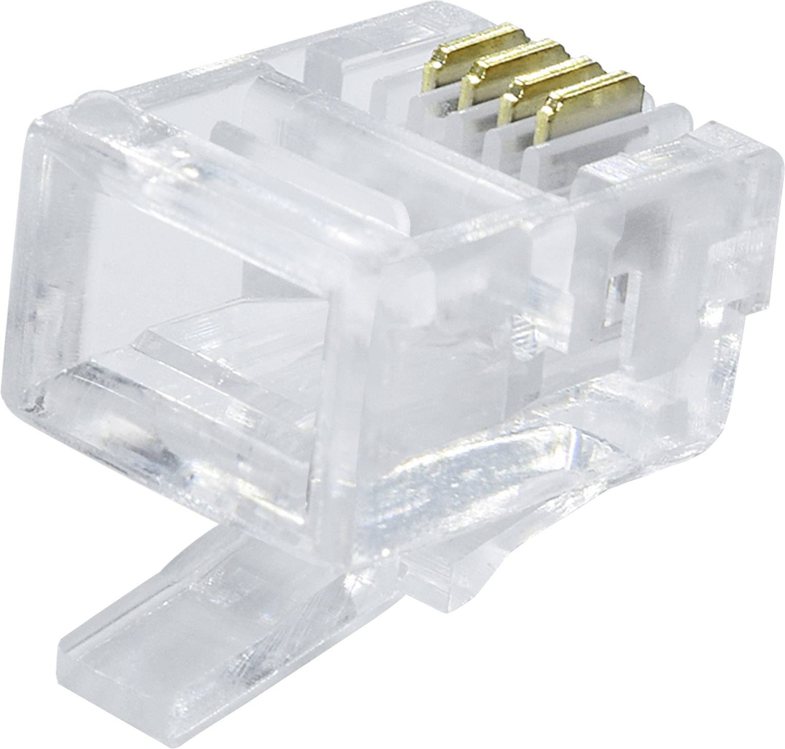 Ein transparenter RJ45-Stecker mit goldfarbenen Kontakten, der in Netzwerkverkabelungen zur Verbindung von Ethernet-Kabeln verwendet wird.
