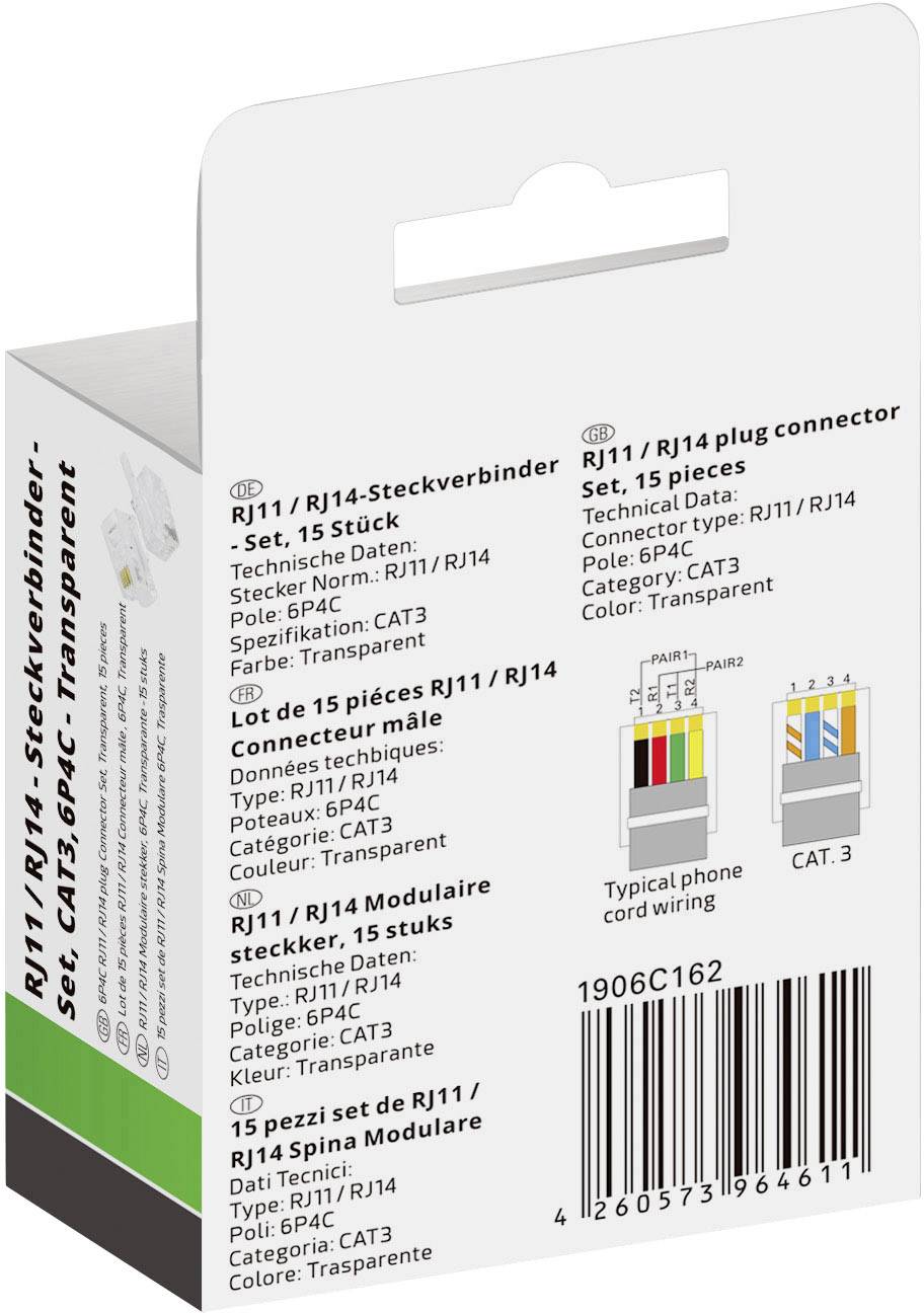 'RJ11/RJ14-Steckverbinder-Set, 15 Stück, CAT3, transparent.' Verpackung mit Diagramm der Kabelbelegung.