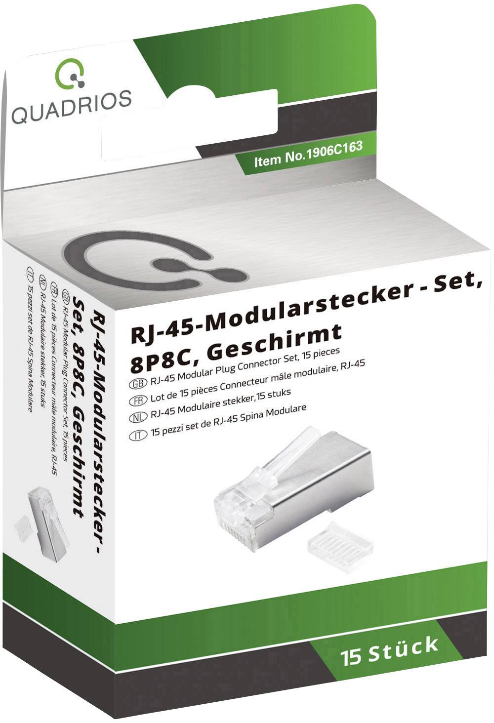 'Quadrio' Kartonverpackung mit RJ-45-Modularstecker-Set, 8P8C, geschirmt, 15 Stück. EAN-Code 4260718575869 und Artikelnummer 1906C163.