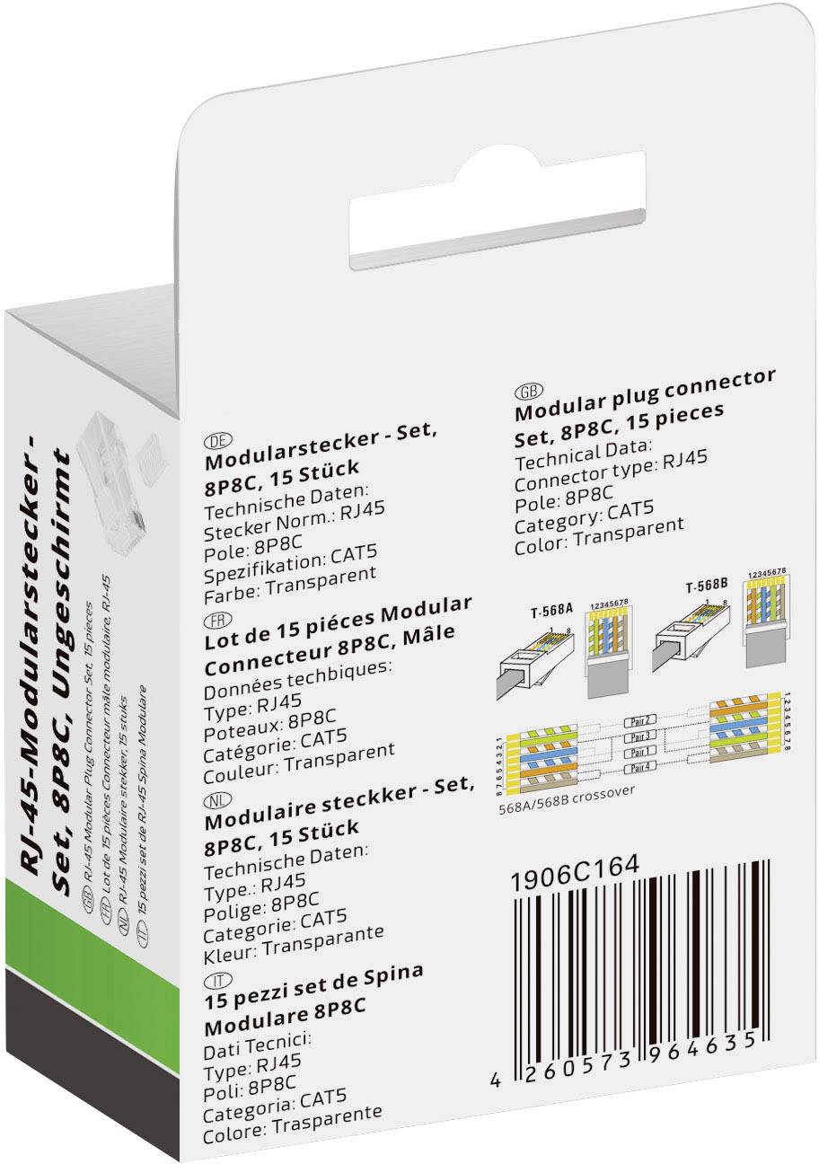 Quadrios Modularstecker Set, Polzahl 8P8C - ungeschirmt, 15 Stk. 1906C164 Stecker, gerade Polzahl S