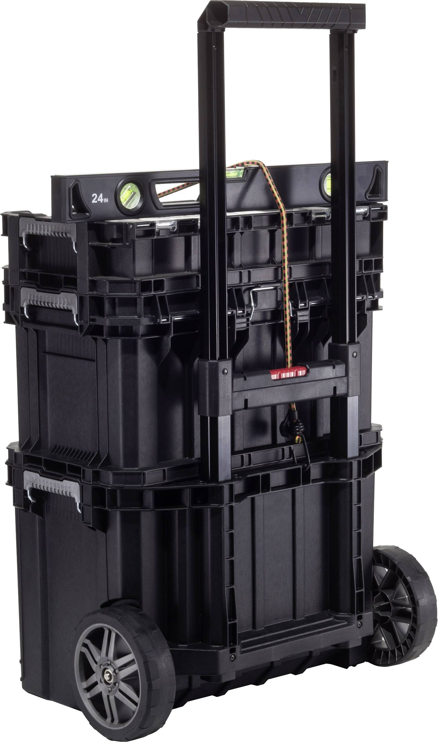 Mobiler Werkzeugwagen, schwarz, auf zwei Rädern, mit ausziehbarem Griff und mehreren Fächern für Werkzeugaufbewahrung.