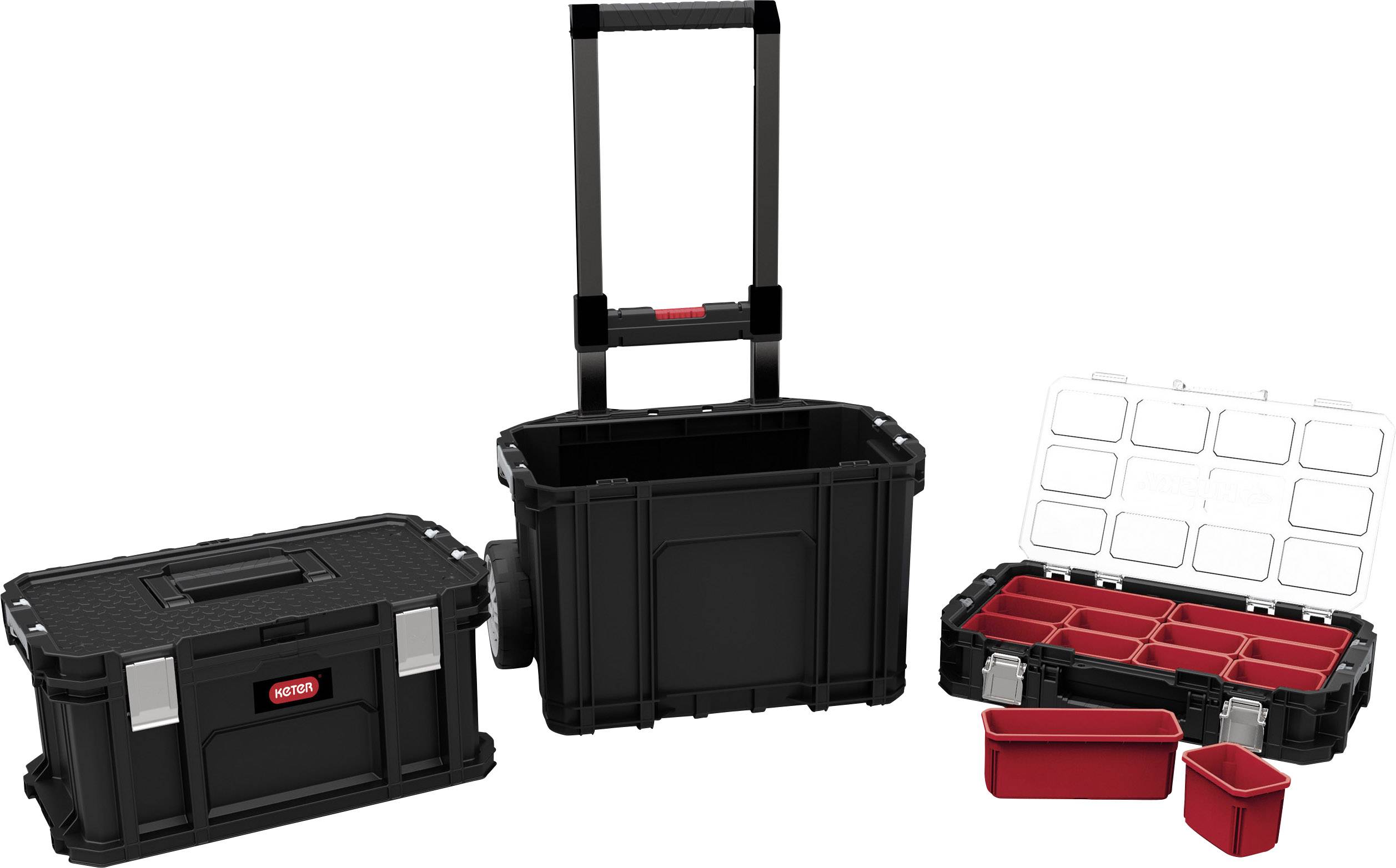 Werkzeugkasten-Set aus schwarzem Kunststoff: großer Kasten mit Griff, mittlerer Kasten mit Fächern, zwei rote Einsätze.