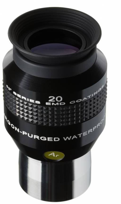 Schwarzes Okular mit Beschriftungen '20 EMD Coatings', 'Nitrogen-Purged', und 'Waterproof', geeignet für optische Geräte wie Teleskope.