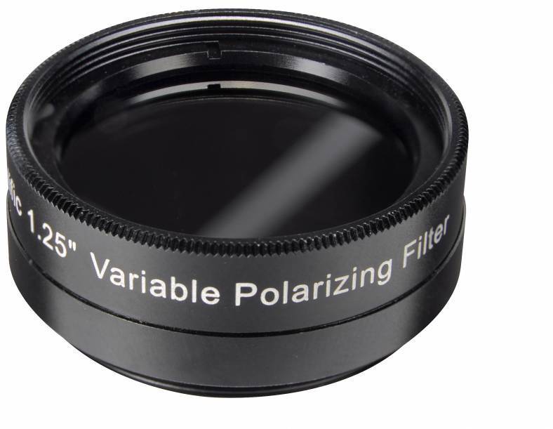 Ein schwarz-silberner, verstellbarer Polarisationsfilter für ein 1,25-Zoll-Teleskop.