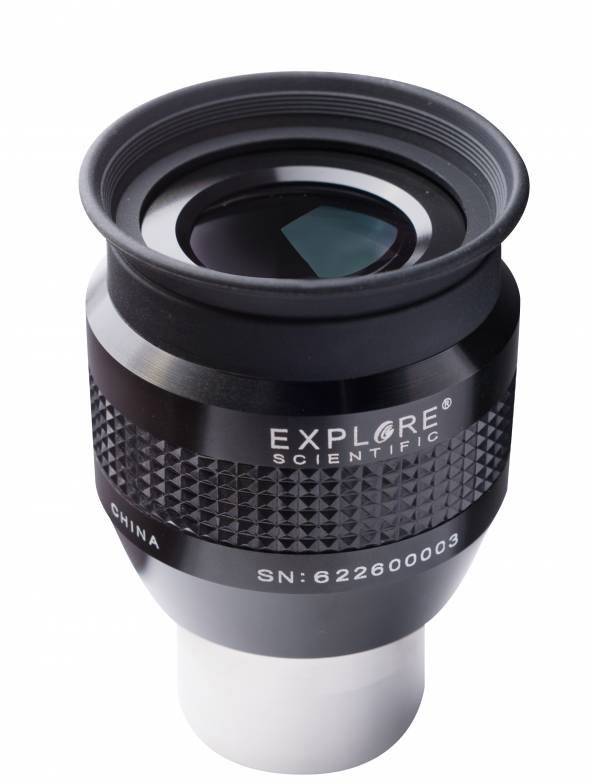 Ein schwarzes Teleskop-Okular von Explore Scientific mit Seriennummer 622600003. Es hat eine geriffelte Oberfläche und eine Linse.