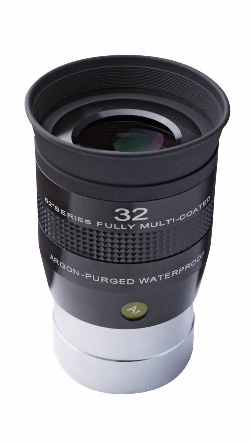 Objektiv mit der Aufschrift '32' und 'Argon-Purged Waterproof', rutschfeste Oberfläche, für Ferngläser oder Teleskope geeignet.
