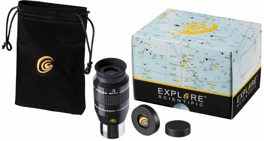 Ein Weitwinkel-Okular von Explore Scientific mit 3-mm-Brennweite, präsentiert mit einer dekorativen Aufbewahrungsbox und einem Beutel.