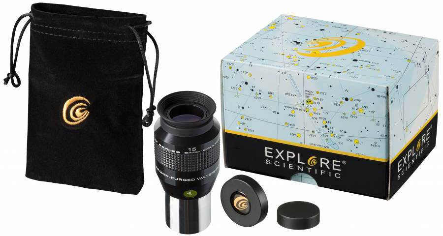 Okular von Explore Scientific, 15 mm Brennweite, mit Schutztasche und Verpackung. Geeignet für Teleskope zur Himmelsbeobachtung.