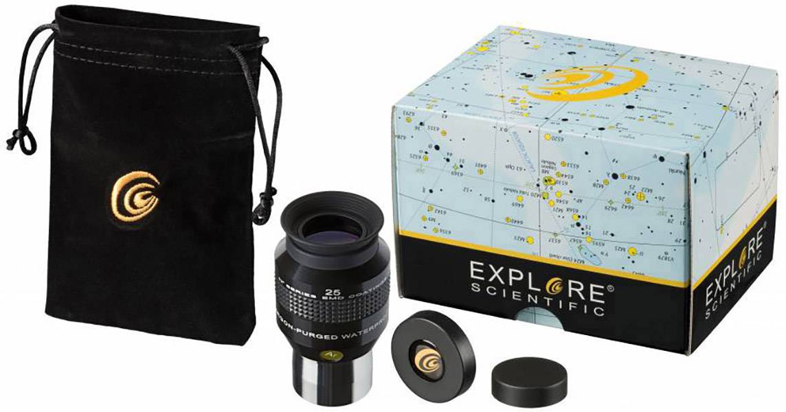 Teleskop-Okular-Set von Explore Scientific, bestehend aus einem Okular, einer Schutzbox mit Sternenkarten-Design und einer Tragetasche.