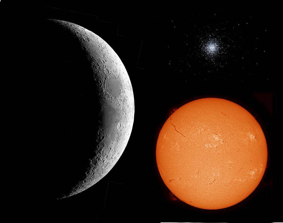 Mond, Sonne und ein Sternenhaufen: Der Mond ist im ersten Viertel, die Sonne leuchtet hell orange, mit einem Sternenhaufen oben.