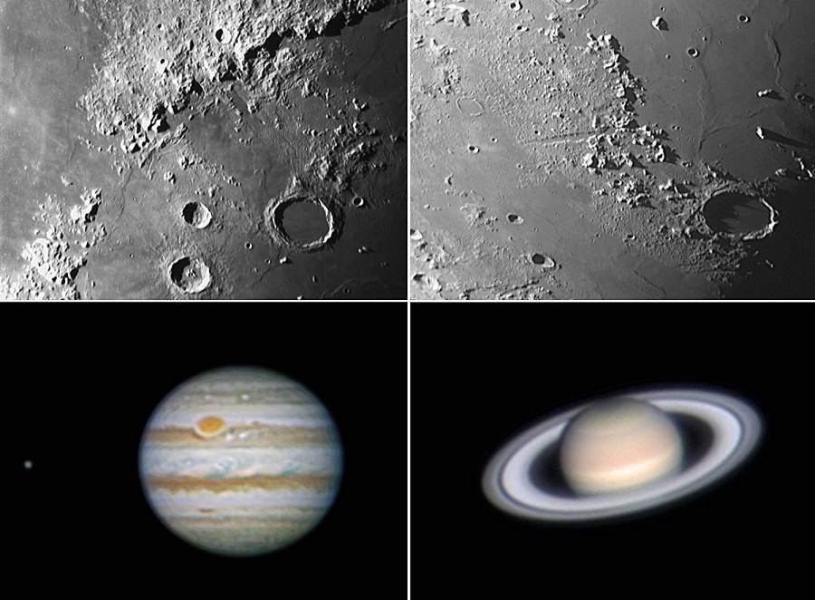 Oben: Nahaufnahme von Mondkratern. Unten links: Jupiter mit sichtbarem Großen Roten Fleck. Unten rechts: Saturn mit seinen Ringen.