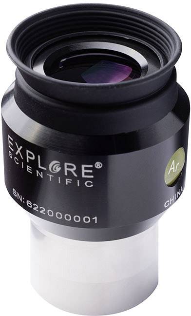 Ein schwarzes Fernglas-Okular der Marke Explore Scientific mit der Aufschrift 'Ar' und Seriennummer, für astronomische Beobachtungen.