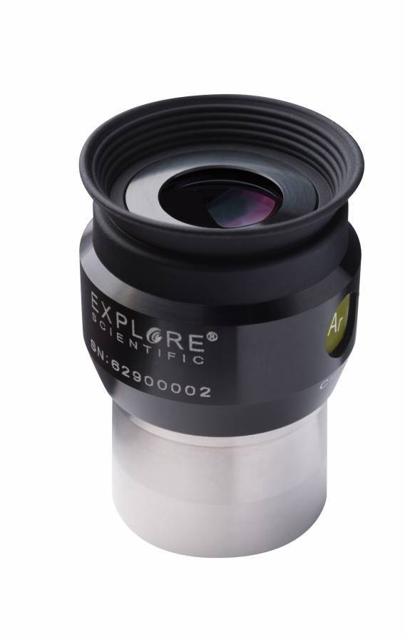 Teleskop-Okular 'Explore Scientific', schwarzer zylindrischer Körper, silberner Sockel, geeignet für astronomische Beobachtungen.