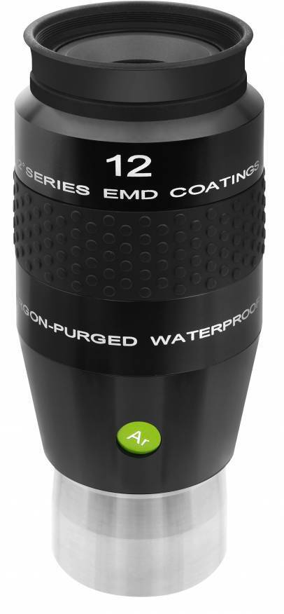 Schwarzes Teleskopokular mit EMD-Beschichtungen, 12 mm, Argon-gefüllt, wasserdicht, geeignet für präzise astronomische Beobachtungen.