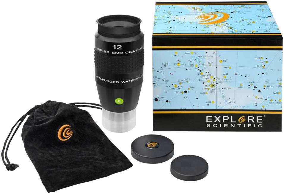 Teleskop-Okular-Set mit Schutzkappen, Beutel und Verpackung mit Sternkarte. Marke 'Explore Scientific'.