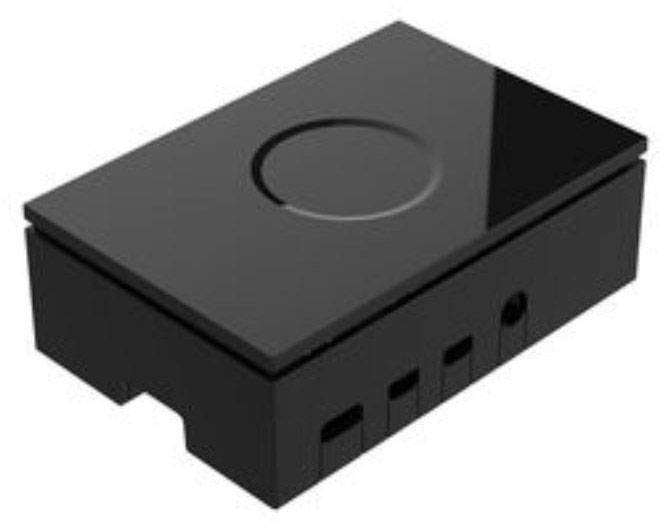 Kleines, rechteckiges, schwarzes elektronisches Bauteil mit glatter Oberseite und kreisförmiger Vertiefung in der Mitte.