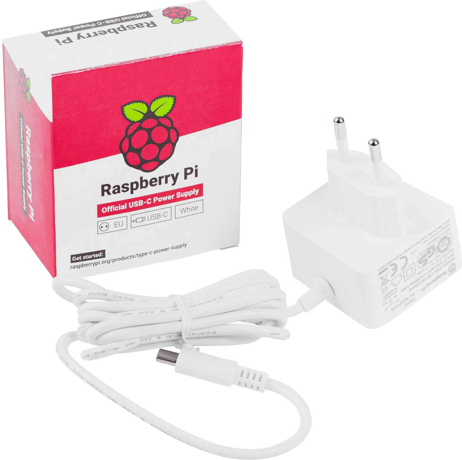 Abgebildet sind ein weißes USB-C-Netzteil mit Kabel und eine rote Verpackung mit Himbeer-Icon, beschriftet: 'Raspberry Pi Official USB-C Power Supply'.