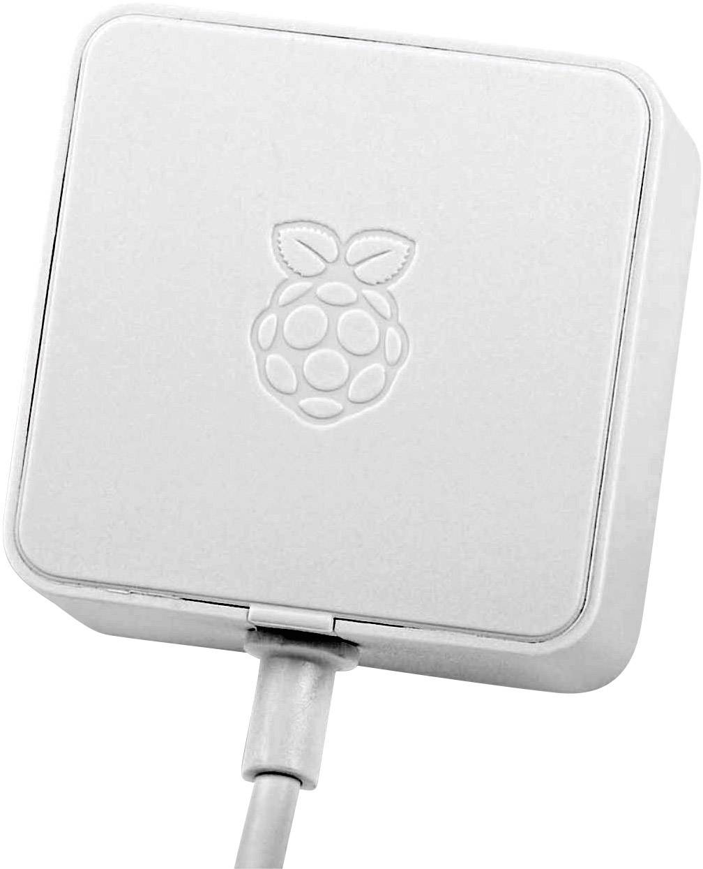 Ein weißes Netzteil mit einem eingeprägten Himbeer-Logo und angeschlossenem Kabel, vermutlich für ein Raspberry Pi-Gerät.