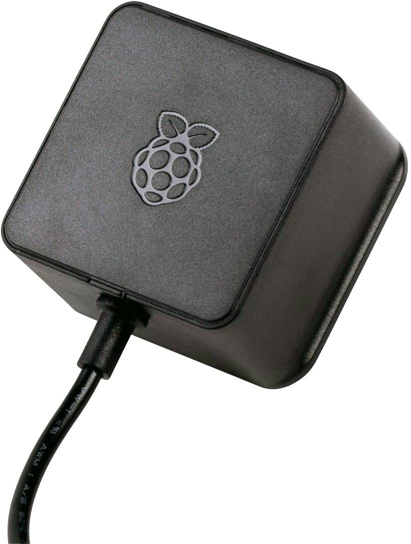 Schwarzes Steckernetzteil mit Kabel und Raspberry-Logo oben, geeignet für Raspberry Pi Geräte.
