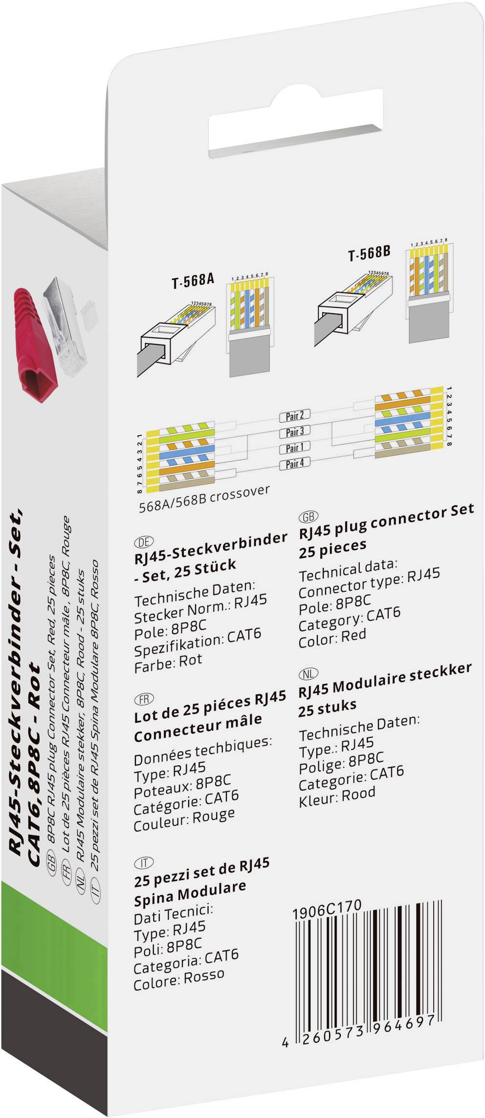 Quadrios RJ-45 Steckverbinder Set-CAT 6 1906C170 Stecker, gerade Polzahl Sensoren 8P8C Rot 25 St.