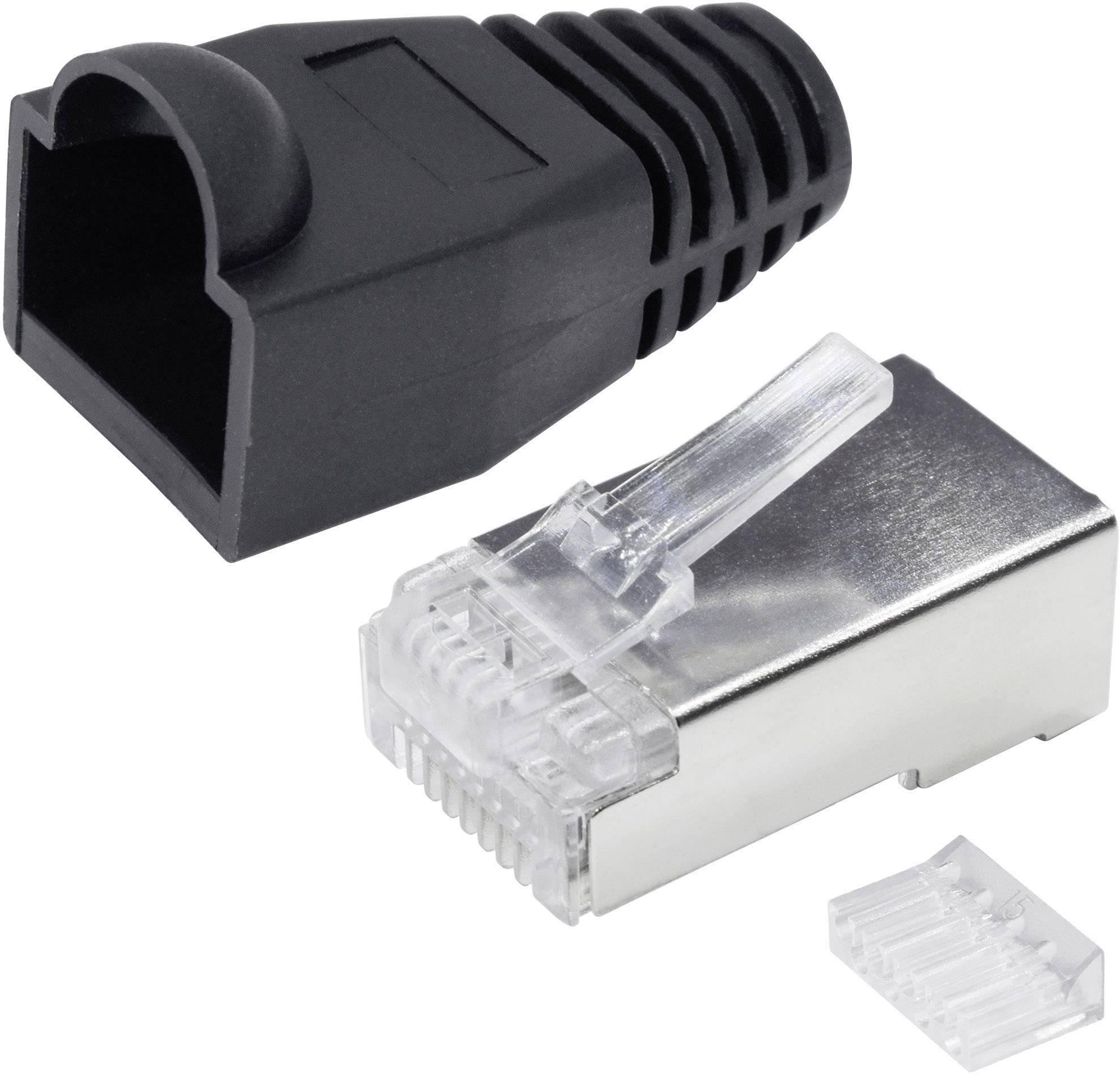 Ein RJ45-Stecker-Kit bestehend aus einem Metallstecker, einem schwarzen Kabelknickschutz und einer Plastikabdeckung, für Netzwerkkabel.
