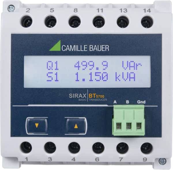 Messgerät mit digitalem Display zeigt Q1: 499,9 VAR und S1: 1,150 kVA. Hersteller: Camille Bauer, Modell: SIRAX BT5700 Transducer.