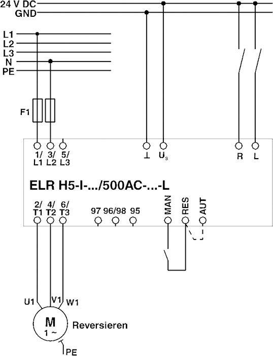 Schaltplan einer Motorsteuerung mit Komponenten: Sicherung (F1), Relais (ELR H5), Motor (M), mit Anschlüssen und Steueroptionen (MAN, RES, AUT).