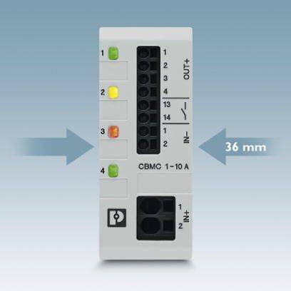 Elektronischer Schaltkreisblock mit LED-Anzeigen und Beschriftungen. Breite: 36 mm.