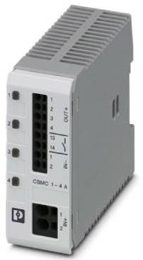 Elektronischer Schutzschalter-Modul in Grau mit mehreren Anschlüssen an der Vorderseite, geeignet für technische Anwendungen.