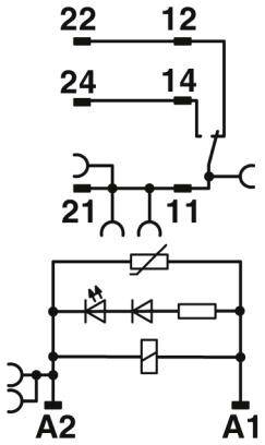 Diagramm eines Relais-Schaltplans mit den Anschlüssen 21, 22, 24, 11, 12, 14 und einer elektrischen Schaltung zwischen A1 und A2.