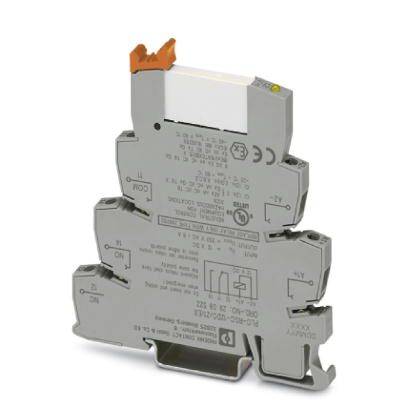 Ein graues, standardschienenmontiertes Klemmenbauteil mit Orange-weißen Details, das in elektrischen Schaltschränken verwendet wird.