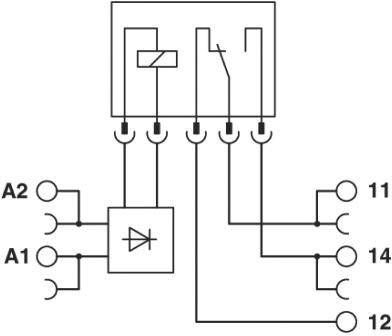 Schaltbild eines Relais mit Spule, Diode und Anschlüssen A1, A2, 11, 12, 14. Veranschaulicht elektrische Verbindungspunkte.