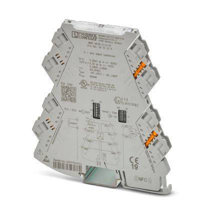 Ein Modul zur Signaltrennung und Signalumwandlung. Es verbindet verschiedene Signalleitungen; Farbe: grau mit orangefarbenen Elementen.