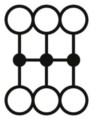 Modell eines kubisch flächenzentrierten Kristallgitters mit Kugeln, die Atome an Gitterpunkten darstellen; Linien zeigen Bindungen.