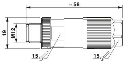 Technische Zeichnung eines Steckverbinders mit M12-Gewinde. Maße: Länge 58 mm, Höhe 19 mm. Ansicht von der Seite, mit markierten Abstandshaltern.