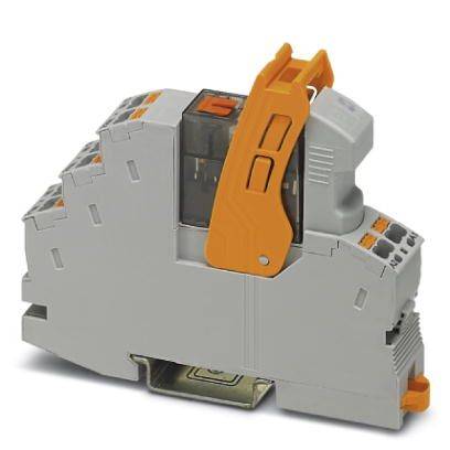 Ein graues, gestuftes elektrisches Bauteil mit orangefarbenem Hebel, vermutlich ein Reihenklemmenblock, auf einem Montageuntergrund.