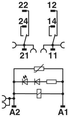 Schaltplan eines Relais mit zwei Spulen und Kontaktpaaren. Oben: zwei Schließer mit Nummern. Unten: Diode, LED und Widerstand parallel geschaltet.