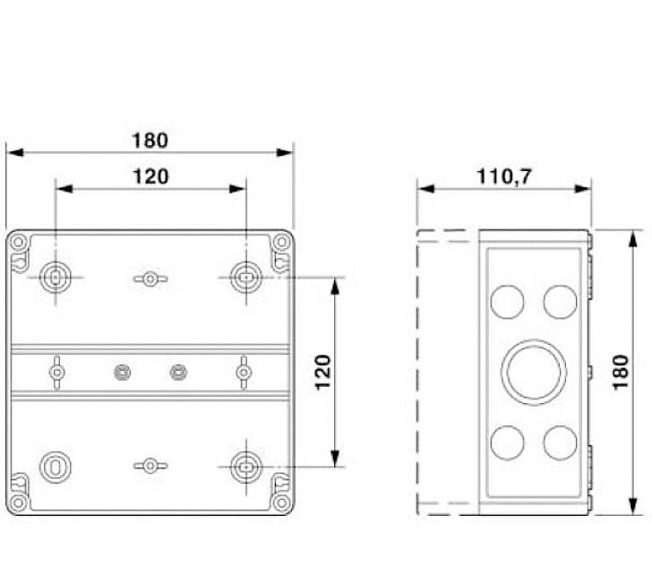 Technische Zeichnung einer rechteckigen Box mit Maßen: 180 mm x 120 mm. Seitenansicht zeigt Tiefe von 110,7 mm.
