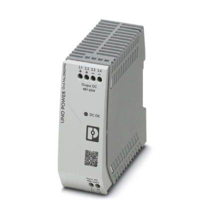 Grau-weiße Hutschienen-Stromversorgungseinheit für industrielle Anwendungen, markiert mit 'UNO POWER', 'Output DC 48V 60W'.